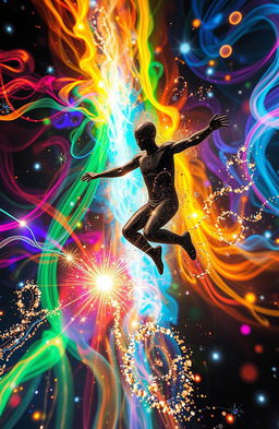 A captivating representation of quantum jumping, illustrating a vivid scene where a figure is in the act of leaping between different dimensions