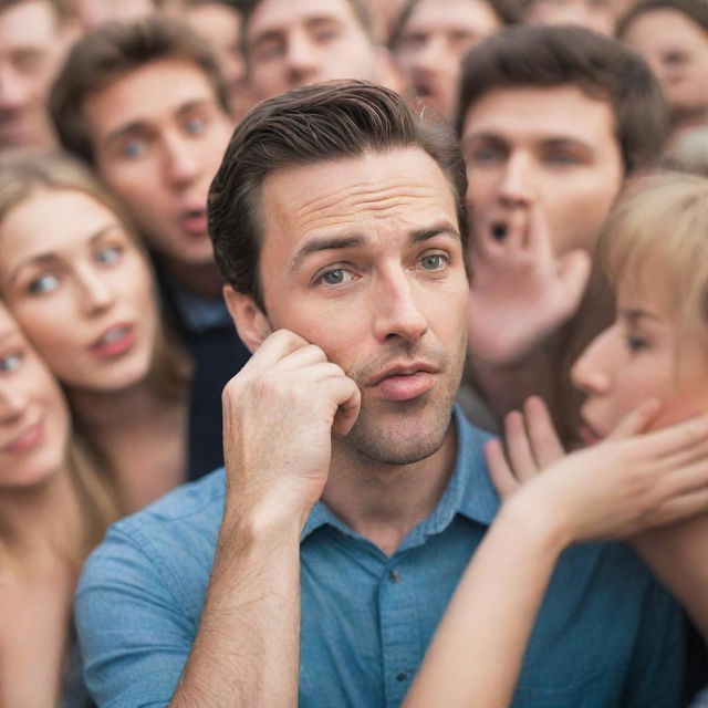 A captivating image of a man sharing a secret, whispering something important into a crowd of attentive people