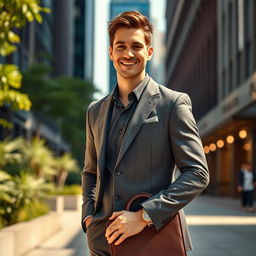 A confident and charismatic man standing in a stylish urban environment, wearing a tailored suit and holding a stylish briefcase