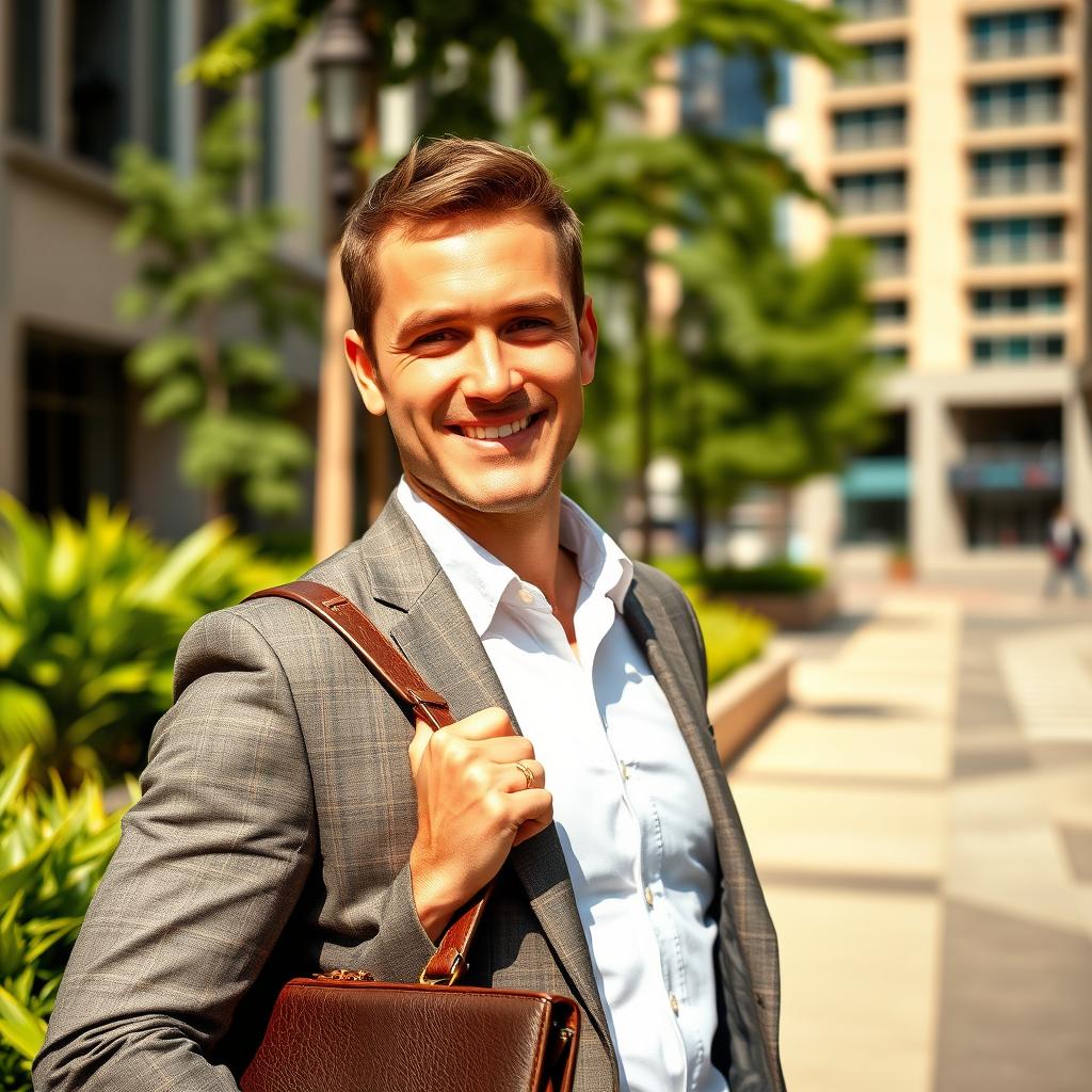 A confident and charismatic man standing in a stylish urban environment, wearing a tailored suit and holding a stylish briefcase