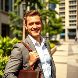 A confident and charismatic man standing in a stylish urban environment, wearing a tailored suit and holding a stylish briefcase