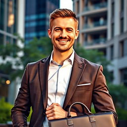 A confident and charismatic man standing in a stylish urban environment, wearing a tailored suit and holding a stylish briefcase