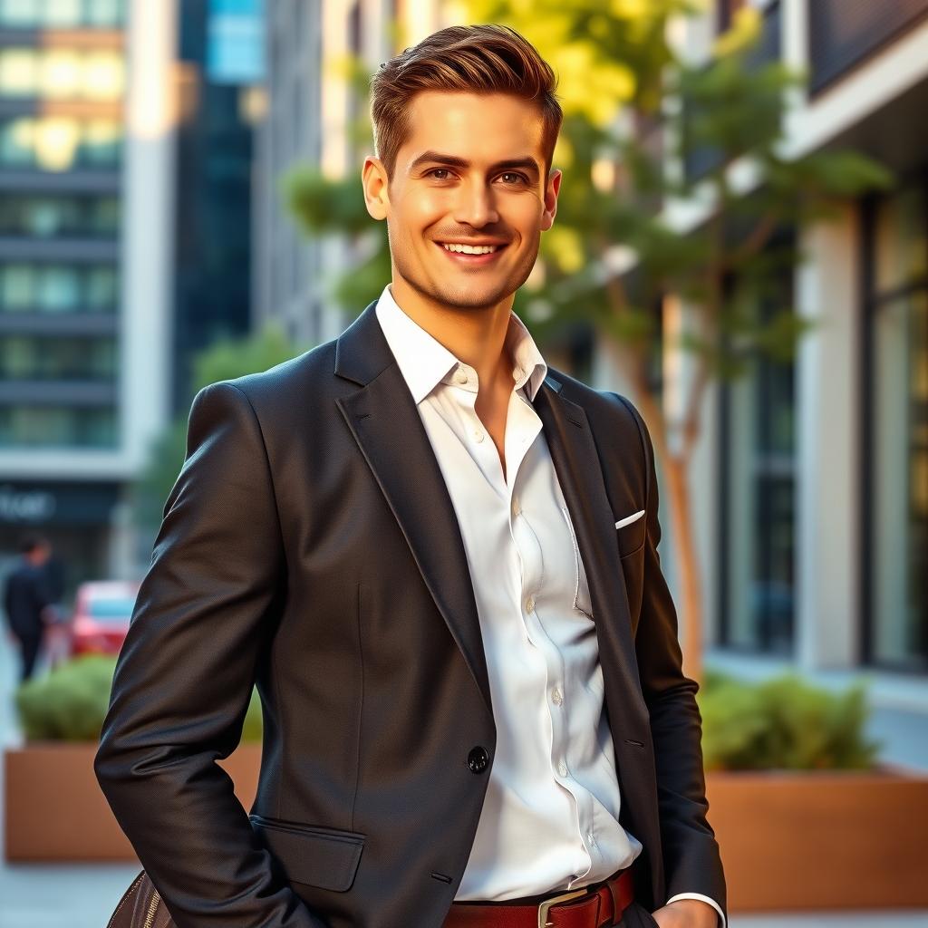 A confident and charismatic man standing in a stylish urban environment, wearing a tailored suit and holding a stylish briefcase