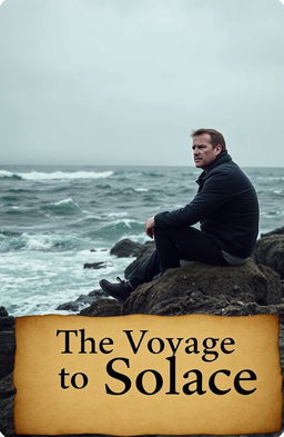 A solitary man sitting on a rugged rock on a remote island, gazing out at the turbulent ocean