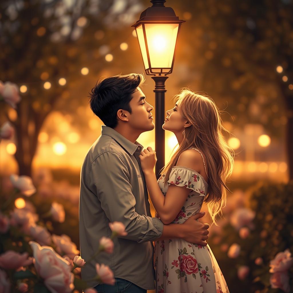 A romantic scene depicting a couple in a tender kiss under a softly glowing street lamp in an enchanting evening setting