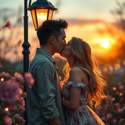 A romantic scene depicting a couple in a tender kiss under a softly glowing street lamp in an enchanting evening setting