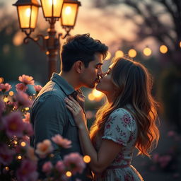 A romantic scene depicting a couple in a tender kiss under a softly glowing street lamp in an enchanting evening setting