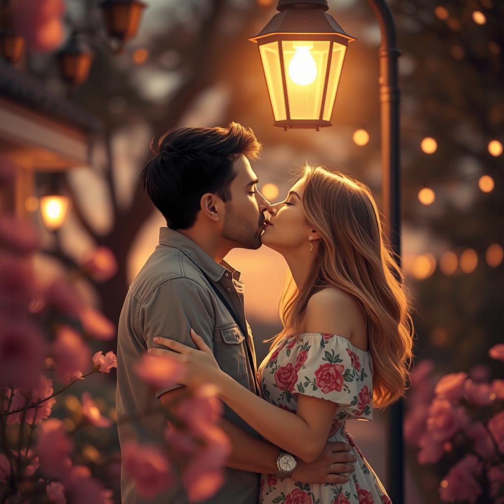 A romantic scene depicting a couple in a tender kiss under a softly glowing street lamp in an enchanting evening setting