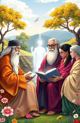 A group of diverse, wise characters representing universal teachers from different cultures and backgrounds, engaged in a collaborative discussion in a serene and colorful landscape