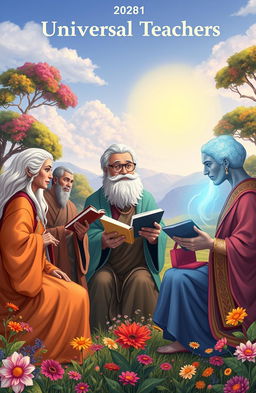 A group of diverse, wise characters representing universal teachers from different cultures and backgrounds, engaged in a collaborative discussion in a serene and colorful landscape