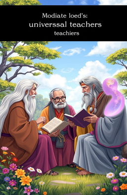 A group of diverse, wise characters representing universal teachers from different cultures and backgrounds, engaged in a collaborative discussion in a serene and colorful landscape