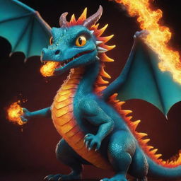 A playful, vibrant cartoon dragon breathing fire, with detailed, vivid scales and animated eyes