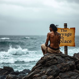 A solitary Indian man on a rugged rock on a remote island, depicted from a side or back view so that his face is not shown