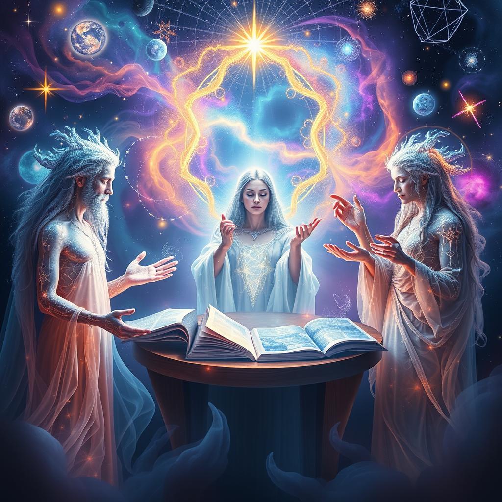 A mesmerizing scene representing the teachers of the Universe, depicted as ethereal beings from various celestial realms