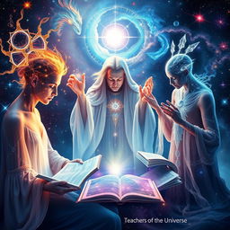 A mesmerizing scene representing the teachers of the Universe, depicted as ethereal beings from various celestial realms