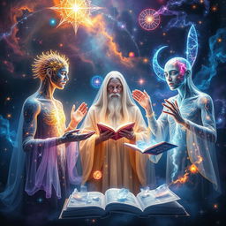 A mesmerizing scene representing the teachers of the Universe, depicted as ethereal beings from various celestial realms