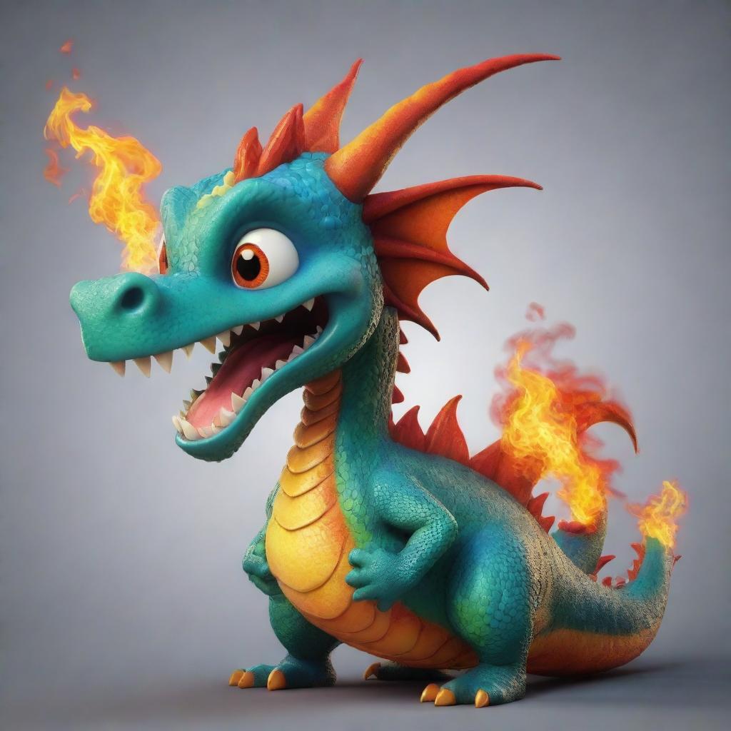 A playful, vibrant cartoon dragon breathing fire, with detailed, vivid scales and animated eyes