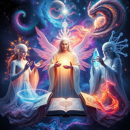 A mesmerizing scene representing the teachers of the Universe, depicted as ethereal beings from various celestial realms