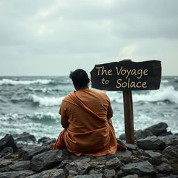 A solitary Indian man wearing traditional clothing, sitting on a rocky shore of a remote island, viewed from the side or back so that his face is not visible