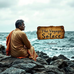 A solitary Indian man wearing traditional clothing, sitting on a rocky shore of a remote island, viewed from the side or back so that his face is not visible