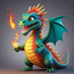 A playful, vibrant cartoon dragon breathing fire, with detailed, vivid scales and animated eyes