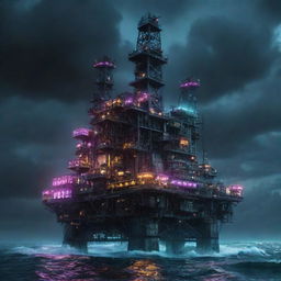 A cutting-edge cyberpunk oil rig, fitted with neon lights, holographic displays, and intricate circuitry designs, surrounded by the dark, churning waves of a dystopian ocean under an electronic, star-studded sky.