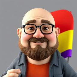 A realistic 3D illustration of a chubby bald man with a beard, wearing glasses