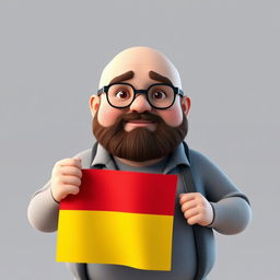 A realistic 3D illustration of a chubby bald man with a beard, wearing glasses