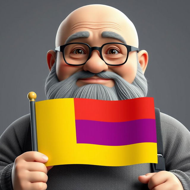 A realistic 3D illustration of a chubby bald man with a beard, wearing glasses