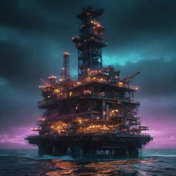 A cutting-edge cyberpunk oil rig, fitted with neon lights, holographic displays, and intricate circuitry designs, surrounded by the dark, churning waves of a dystopian ocean under an electronic, star-studded sky.