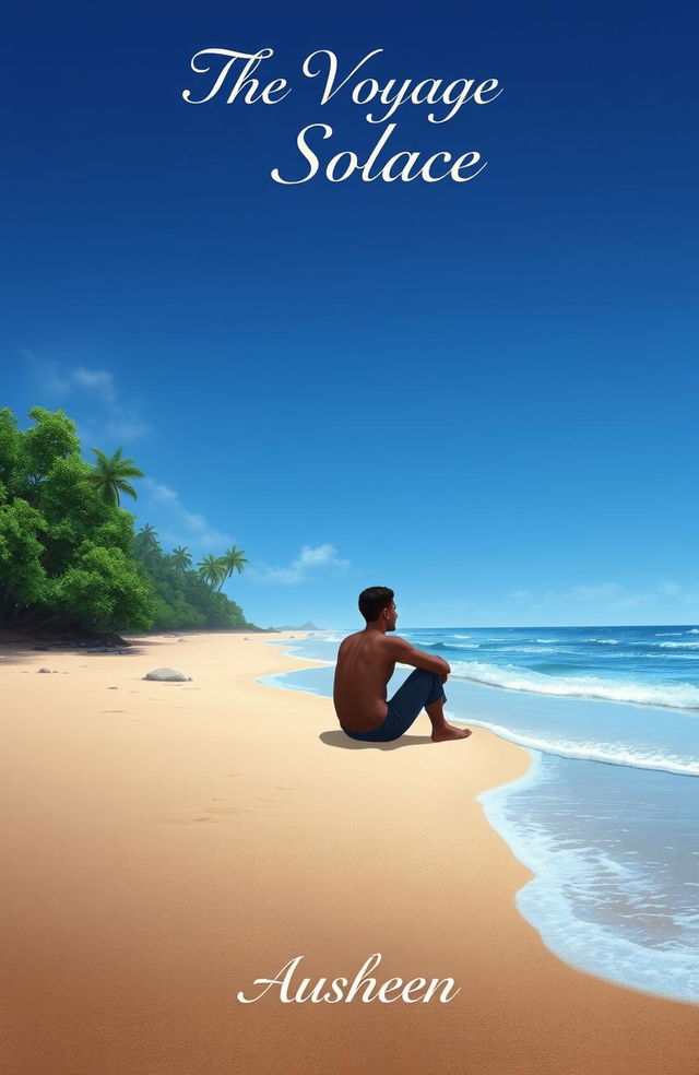 A serene, desolate island scene depicting a lone Indian man sitting on the sandy beach, deep in thought about his family