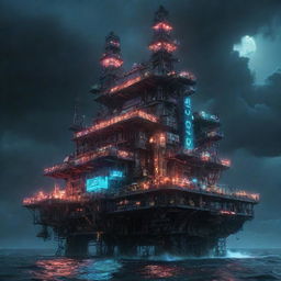 A cutting-edge cyberpunk oil rig, fitted with neon lights, holographic displays, and intricate circuitry designs, surrounded by the dark, churning waves of a dystopian ocean under an electronic, star-studded sky.