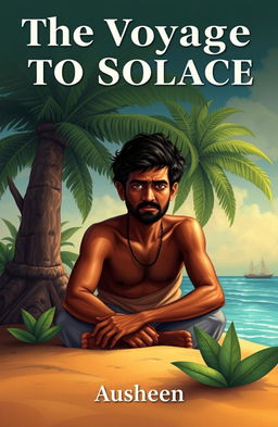 An image depicting an Indian man living alone on a deserted island, sitting with a contemplative posture, reflecting on his family