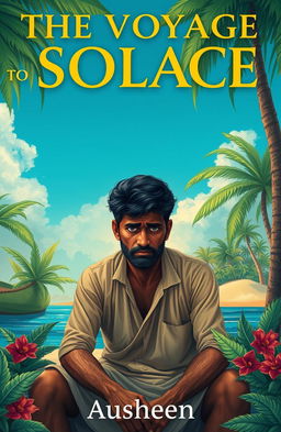 An image depicting an Indian man living alone on a deserted island, sitting with a contemplative posture, reflecting on his family