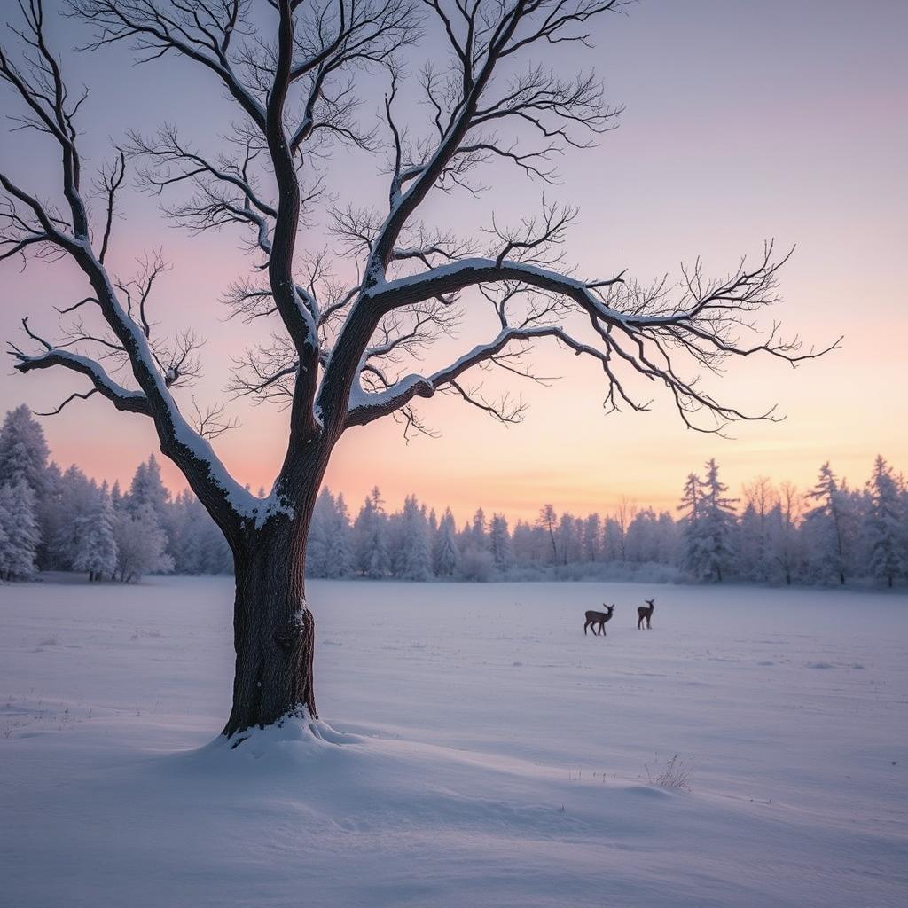 A serene winter landscape at dusk, featuring a soft blanket of freshly fallen snow covering a tranquil forest