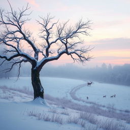 A serene winter landscape at dusk, featuring a soft blanket of freshly fallen snow covering a tranquil forest