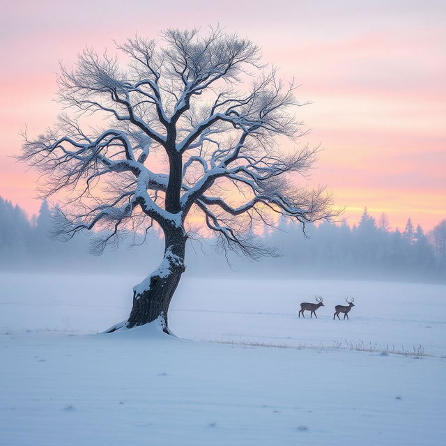 A serene winter landscape at dusk, featuring a soft blanket of freshly fallen snow covering a tranquil forest