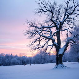 A serene winter landscape at dusk, featuring a soft blanket of freshly fallen snow covering a tranquil forest