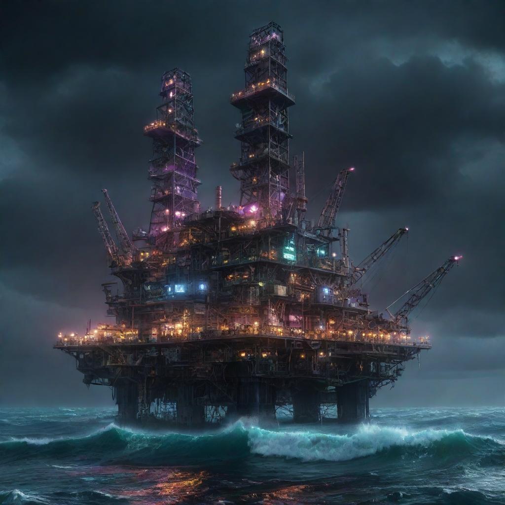 A cutting-edge cyberpunk oil rig, fitted with neon lights, holographic displays, and intricate circuitry designs, surrounded by the dark, churning waves of a dystopian ocean under an electronic, star-studded sky.