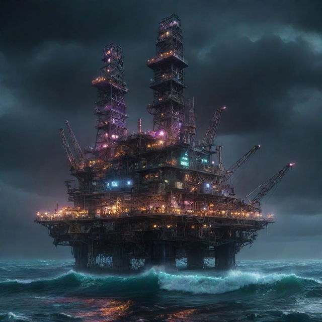 A cutting-edge cyberpunk oil rig, fitted with neon lights, holographic displays, and intricate circuitry designs, surrounded by the dark, churning waves of a dystopian ocean under an electronic, star-studded sky.