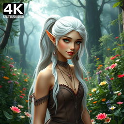 A beautiful elf girl with long white hair styled in a ponytail, wearing elegant jewelry including earrings, a choker, and a bracelet