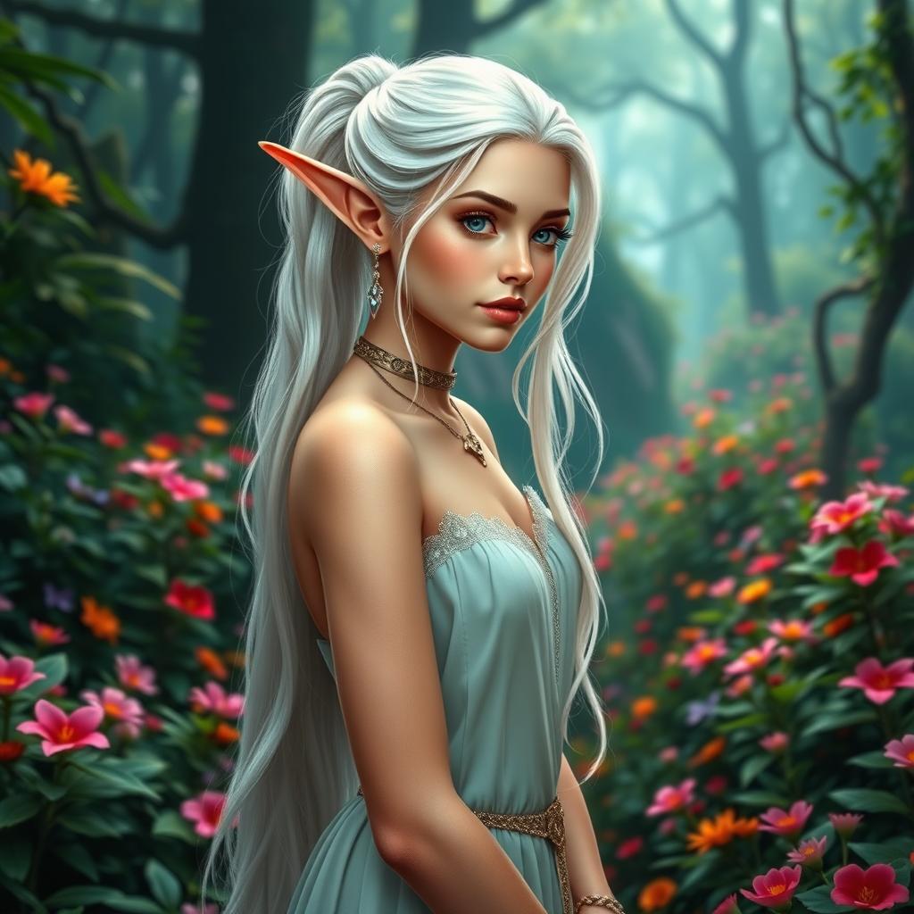 A beautiful elf girl with long white hair styled in a ponytail, wearing elegant jewelry including earrings, a choker, and a bracelet