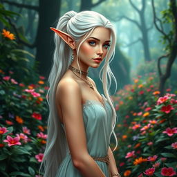 A beautiful elf girl with long white hair styled in a ponytail, wearing elegant jewelry including earrings, a choker, and a bracelet