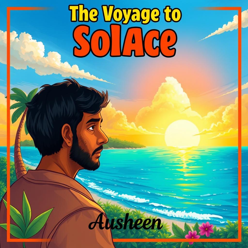 An illustration of an Indian man living alone on a beautiful island, gazing thoughtfully towards the horizon of the ocean, reflecting on his family