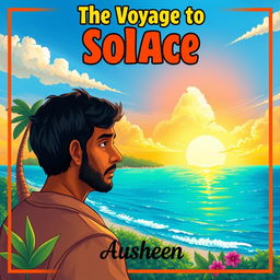 An illustration of an Indian man living alone on a beautiful island, gazing thoughtfully towards the horizon of the ocean, reflecting on his family