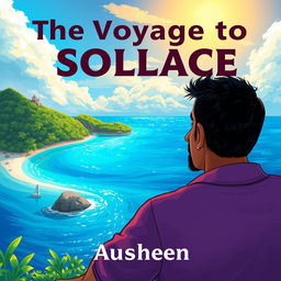 An illustration of an Indian man living alone on a beautiful island, gazing thoughtfully towards the horizon of the ocean, reflecting on his family