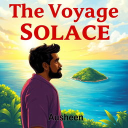 An illustration of an Indian man living alone on a beautiful island, gazing thoughtfully towards the horizon of the ocean, reflecting on his family