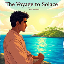 An illustration of an Indian man living alone on a beautiful island, gazing thoughtfully towards the horizon of the ocean, reflecting on his family