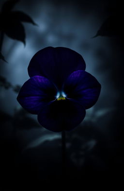 A dark viola flower with deep, rich purple petals, resembling a mysterious symbol, surrounded by shadowy foliage, creating an eerie and suspenseful atmosphere ideal for a thriller book cover