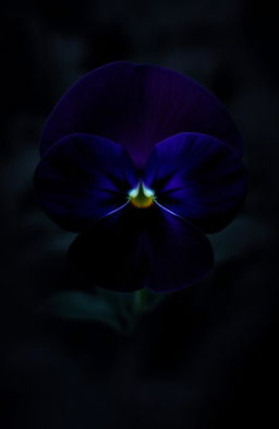 A dark viola flower with deep, rich purple petals, resembling a mysterious symbol, surrounded by shadowy foliage, creating an eerie and suspenseful atmosphere ideal for a thriller book cover